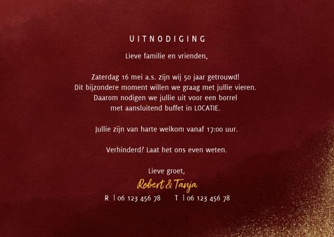 Stijlvolle jubileumkaart vijftig in goudlook op waterverf 3