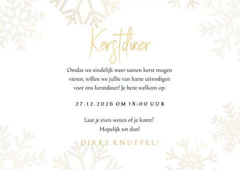 Stijlvolle kerstdiner uitnodiging met gouden sneeuwvlokken 3