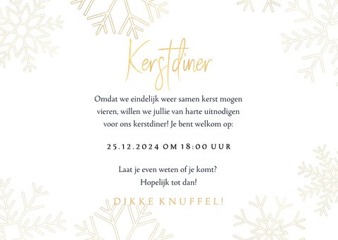 Stijlvolle kerstdiner uitnodiging met gouden sneeuwvlokken 3