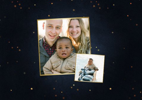 Stijlvolle kerstkaart 2026 goud 2 fotos fijne feestdagen 2