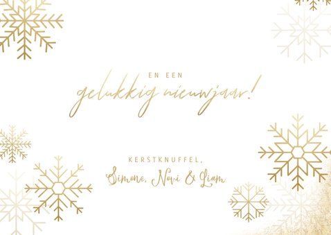 Stijlvolle kerstkaart fotocollage met gouden sneeuwvlokken 3