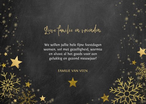 Stijlvolle kerstkaart gouden sneeuwvlokken, sterren en foto 3