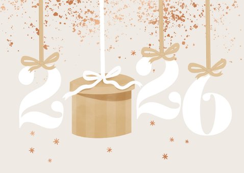 Stijlvolle kerstkaart jaartal cadeau strikken sterren koper 2