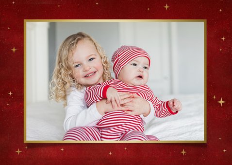Stijlvolle kerstkaart met 2 eigen foto's en gouden arrenslee 2