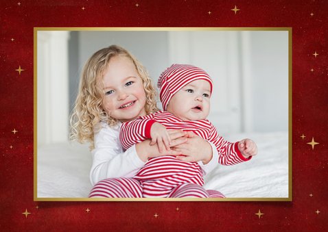 Stijlvolle kerstkaart met 2 eigen foto's en gouden arrenslee 2
