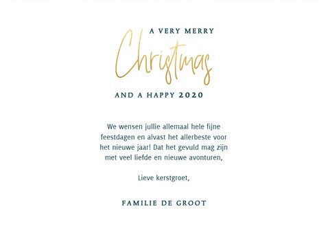 Stijlvolle kerstkaart met foto, gouden sneeuw en typografie 3