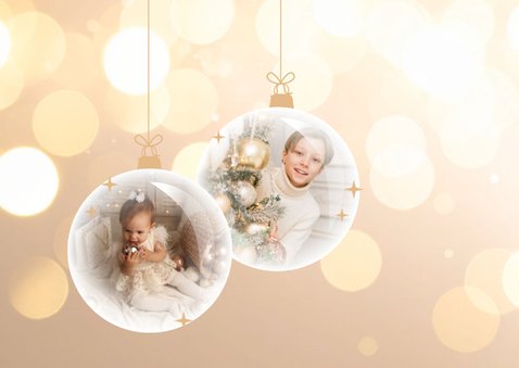 Stijlvolle kerstkaart met fotocollage kerstballen goud 2
