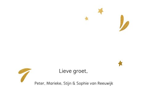 Stijlvolle kerstkaart met goudlook letters en sterretjes 3
