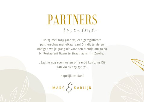 Stijlvolle partnerschap kaart met lijntekening van bladeren 3