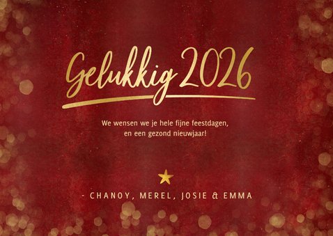Stijlvolle rode nieuwjaarskaart met 3 eigen foto's en goud 3