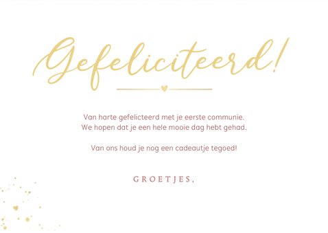 Stijlvolle roze met gouden felicitatiekaart communie meisje 3