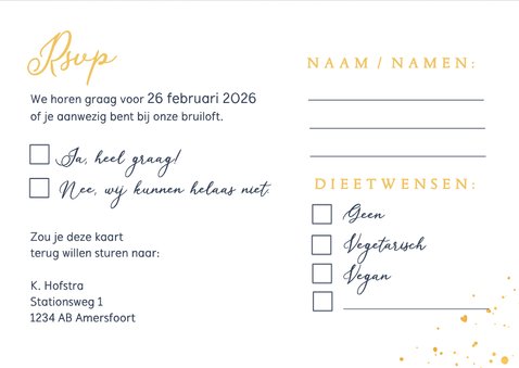 Stijlvolle rsvp kaart met donkerblauwe achtergrond en goud 3