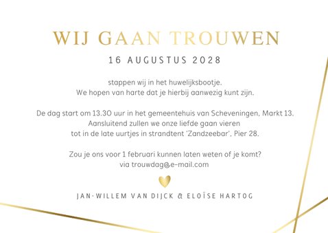 Stijlvolle trouwkaart met gouden geo lijnen en eigen foto 3