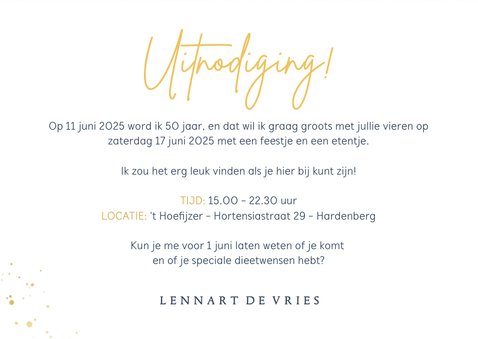Stijlvolle uitnodiging 50 jarig feestje met kalender en foto 3