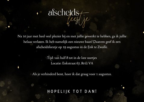 Stijlvolle uitnodiging afscheidsfeestje zwart en goudfolie  3