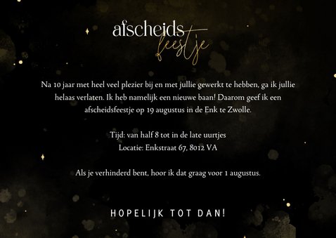 Stijlvolle uitnodiging afscheidsfeestje zwart en goudfolie 3