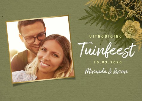Stijlvolle uitnodiging tuinfeest gouden plantjes en takjes 2