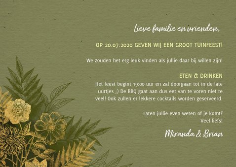 Stijlvolle uitnodiging tuinfeest gouden plantjes en takjes 3