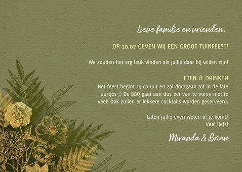 Stijlvolle uitnodiging tuinfeest gouden plantjes en takjes 3