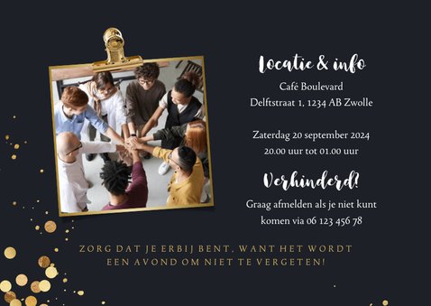 Stijlvolle uitnodigingskaart bedrijfsfeest goudlook confetti 2