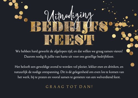Stijlvolle uitnodigingskaart bedrijfsfeest goudlook confetti 3