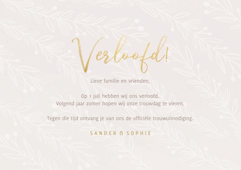 Stijlvolle verlovingskaart goudlook tekst naturel takjes 3