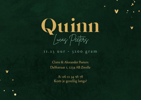 Stoer stijlvol geboortekaartje groen streepjes goud 3