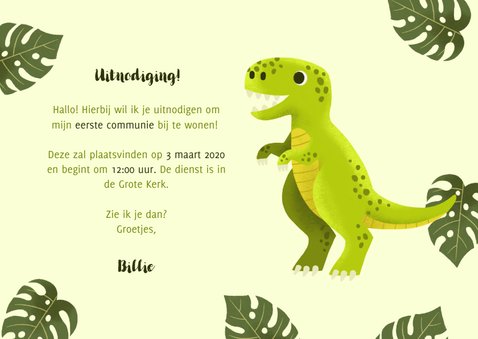 Stoere uitnodiging eerste communie met dino en blaadjes 3