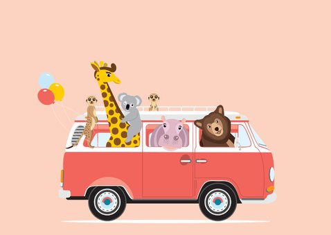 Stoere verjaardagskaart met volkswagen busje en dieren 3