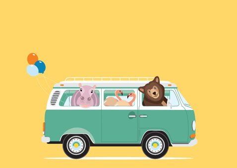 Stoere verjaardagskaart met volkswagenbusje vol dieren 3