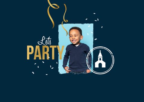 Ticket uitnodiging communie feestje foto stoer goud 2