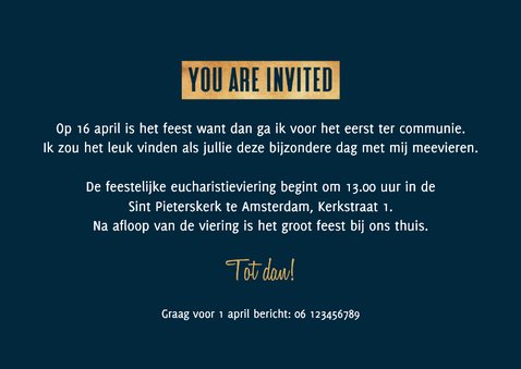 Ticket uitnodiging communie feestje foto stoer goud 3