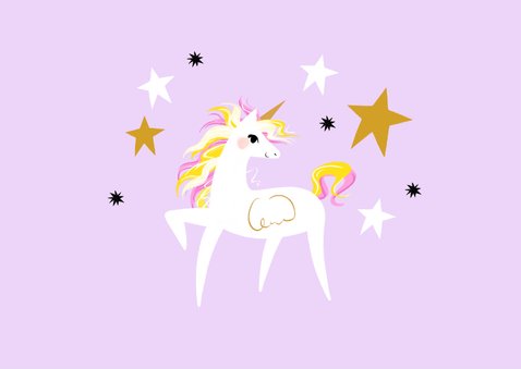 Toffe kaart met geïllustreerde unicorn en sterren in lila 2