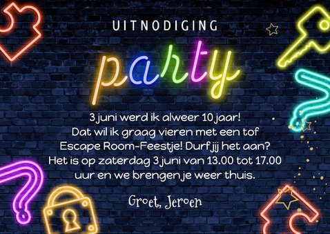 Toffe uitnodiging kinderfeest escape room ticket goud 3