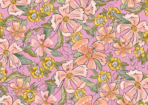 Trendy geboortekaartje floral kleurrijke bloemen libelle Achterkant