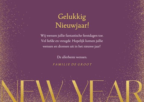 Trendy paarse nieuwjaarskaart met drie foto's en glitters 3