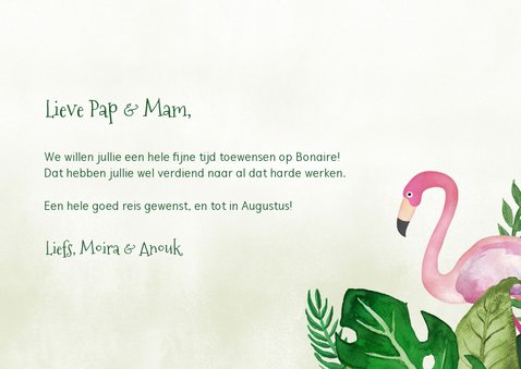 Tropische fijne vakantiekaart met bladeren en flamingo 3