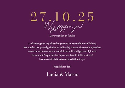Trouwkaart aubergine paars stijlvol trouwdatum goud 3