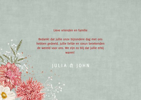 Trouwkaart bedankt dahliabloemen en herfstanemonen 3