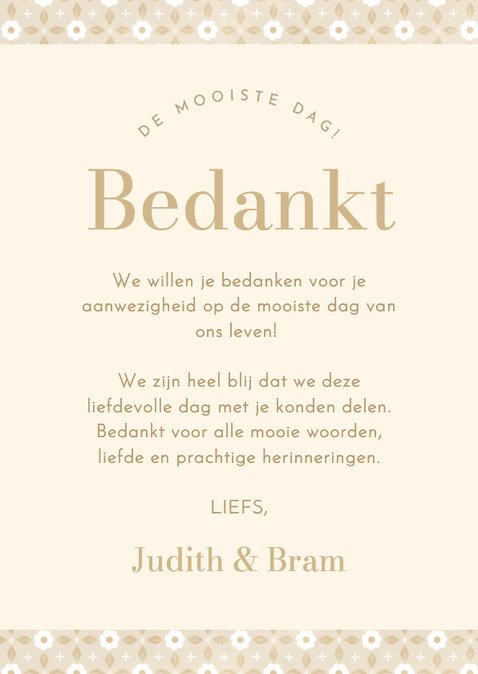 Trouwkaart bedankt met beige boho patroon en foto Achterkant