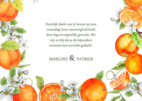 Trouwkaart bedankt sinaasappels met bloesem 3