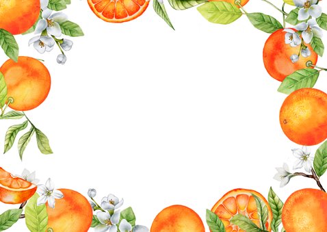 Trouwkaart bedankt sinaasappels met bloesem Achterkant