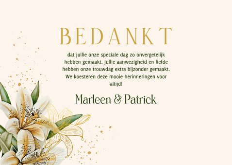 Trouwkaart bedankt witte lelie en echte goudfolie 3