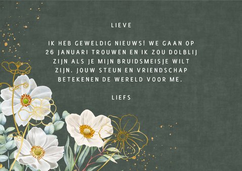 Trouwkaart bruidsmeisje herfstanemoontjes op groen fluweel. 3