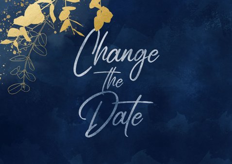 Trouwkaart Change the date blauwe waterverf gouden planten 2