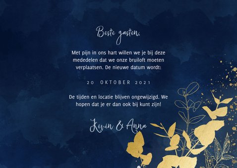 Trouwkaart Change the date blauwe waterverf gouden planten 3