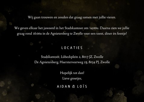 Trouwkaart foto's zwart en goud met hartjes en waterverf 3