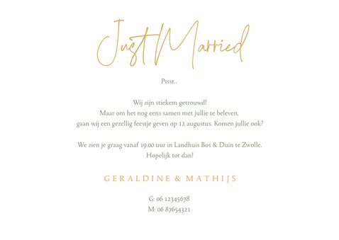 Trouwkaart just married eucalyptus hartjes goud stijlvol 3