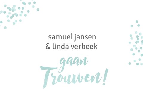 Trouwkaart lichtblauwe confetti en foto 2