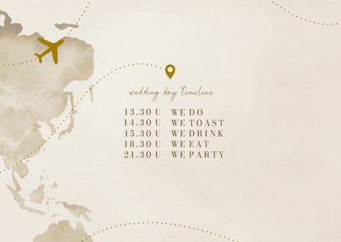 Trouwkaart reisthema waterverf wereld goudfolie vliegtuig 2